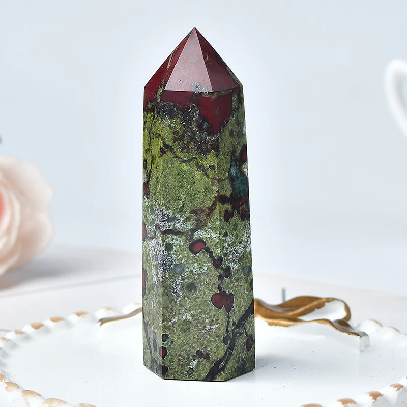 Natural Dragon Blood Stone Crystal Point – Reiki Healing Hexagonal Wand for Energy Work & Home