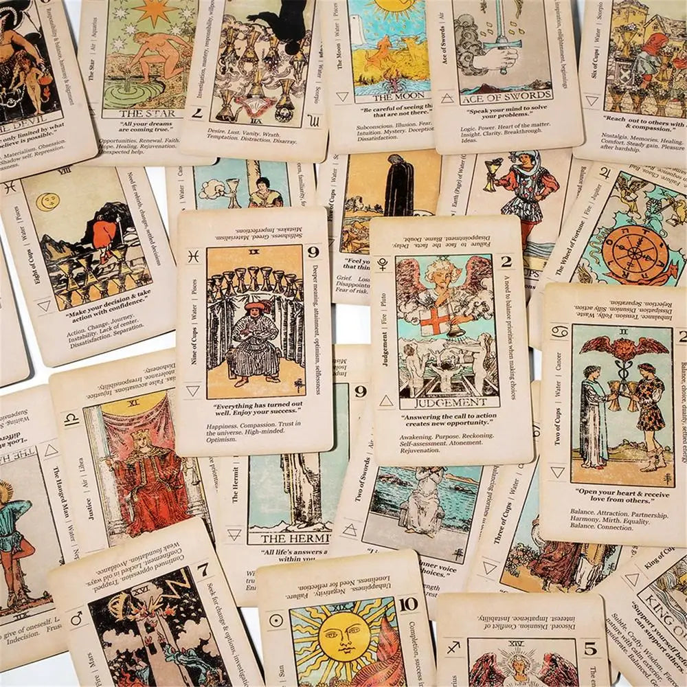 Antiqued 78-Card Set with Upright & Reversed Meanings - Beginner Tarot Deck with Keywords