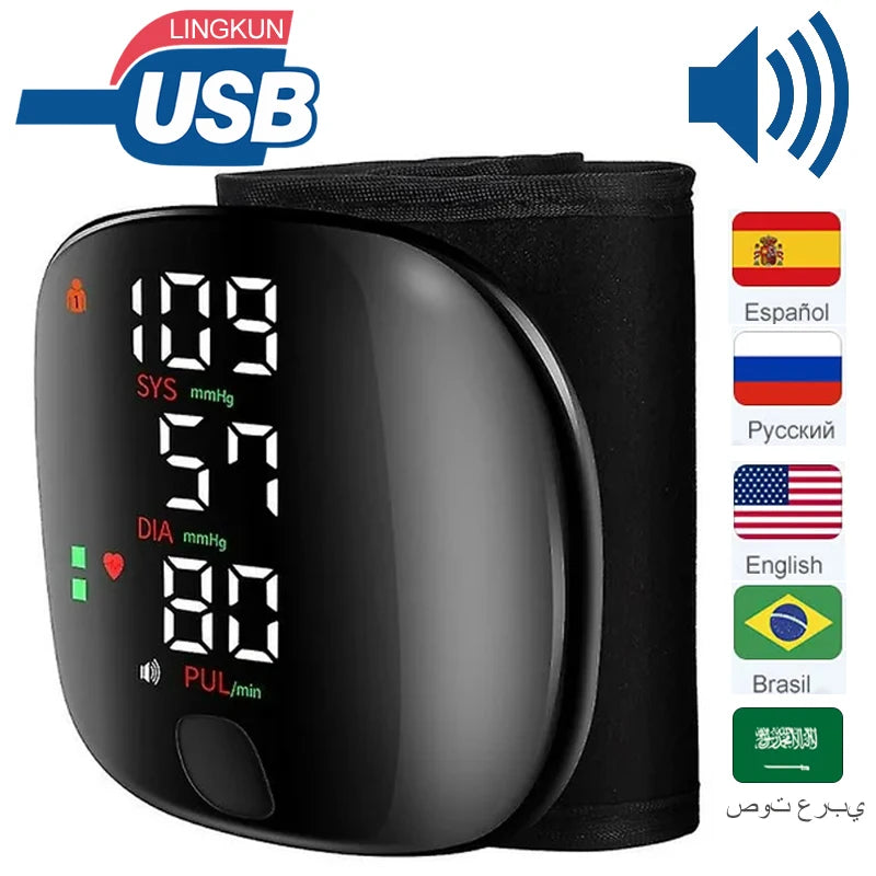 LED Rechargeable Wrist Blood Pressure Monitor – Multilingual Voice Broadcast