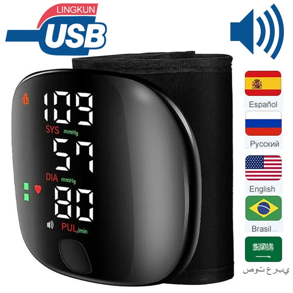 LED Rechargeable Wrist Blood Pressure Monitor – Multilingual Voice Broadcast