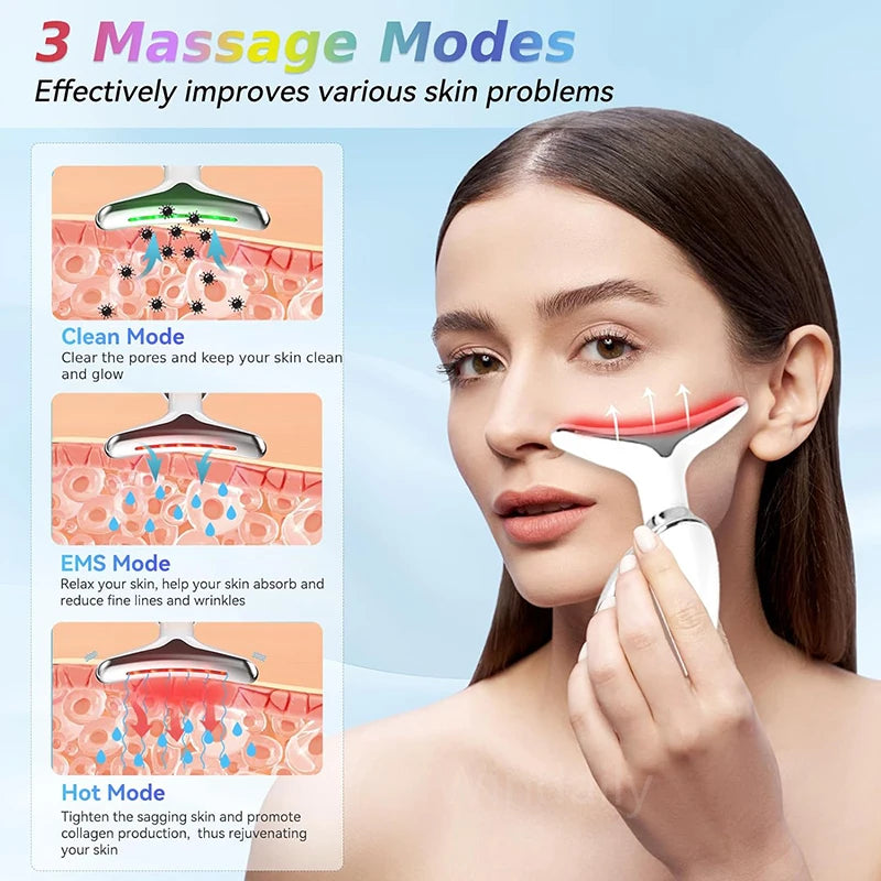 Facial & Neck Massager – 7 Colors LED Anti-Wrinkle - Skin Tightening, Lifting & Double Chin Reduction Tool