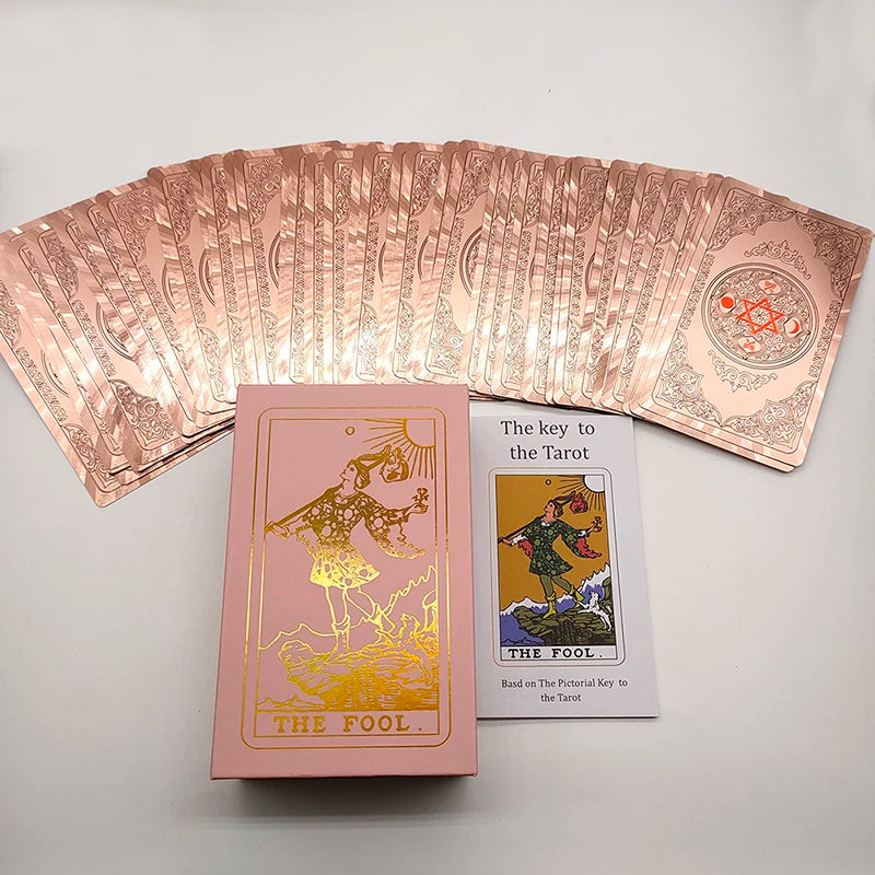 Gold Foil Waterproof Tarot Card Deck – Rose Pink PET Plastic Oracle Cards for Divination & Board Game Play