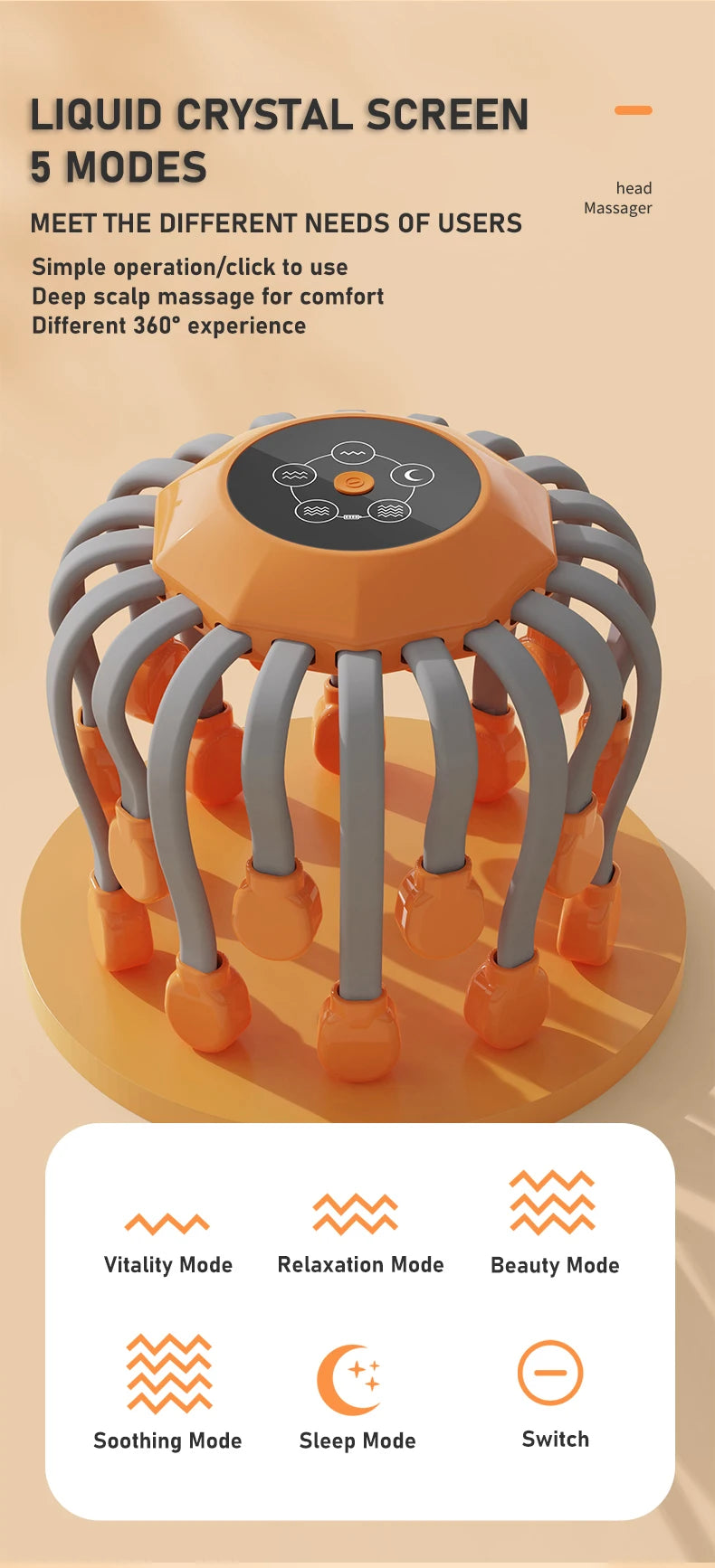 20-Head Red Light Scalp Massager – Electric Octopus Vibrator for Stress Relief & Migraine Support