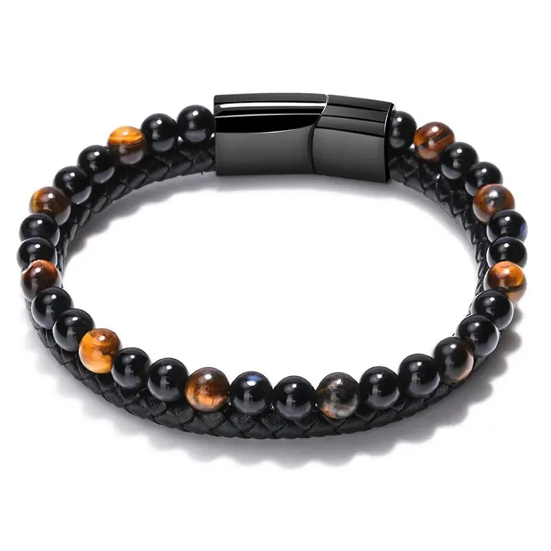 Stainless Steel Tiger Eye & Lava Stone Bead Bracelet – Unisex Natural Energy Jewelry