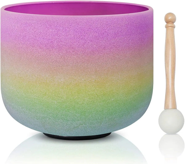 CVNC 440HZ 8 Inch Rainbow Colored B Note Crown Chakra Frosted Quartz Crystal Singing Bowl for Sound Healing and Meditation