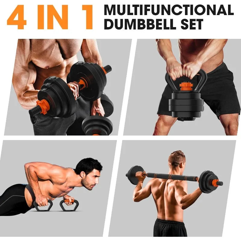 4-in-1 Adjustable Dumbbell Set – Dumbbell, Barbell, Kettlebell & Push-Up Stand (20lbs/50lbs/70lbs/90lbs)