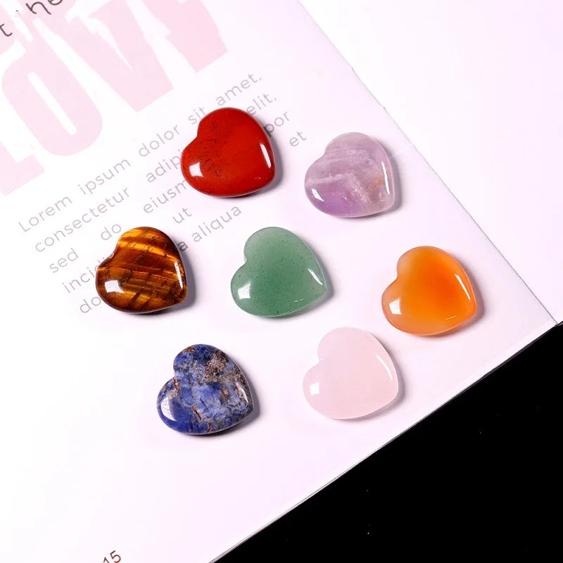7 Pcs Mini Crystal Heart Stone Sculpture – Polished Chakra Healing Reiki Meditation Decor