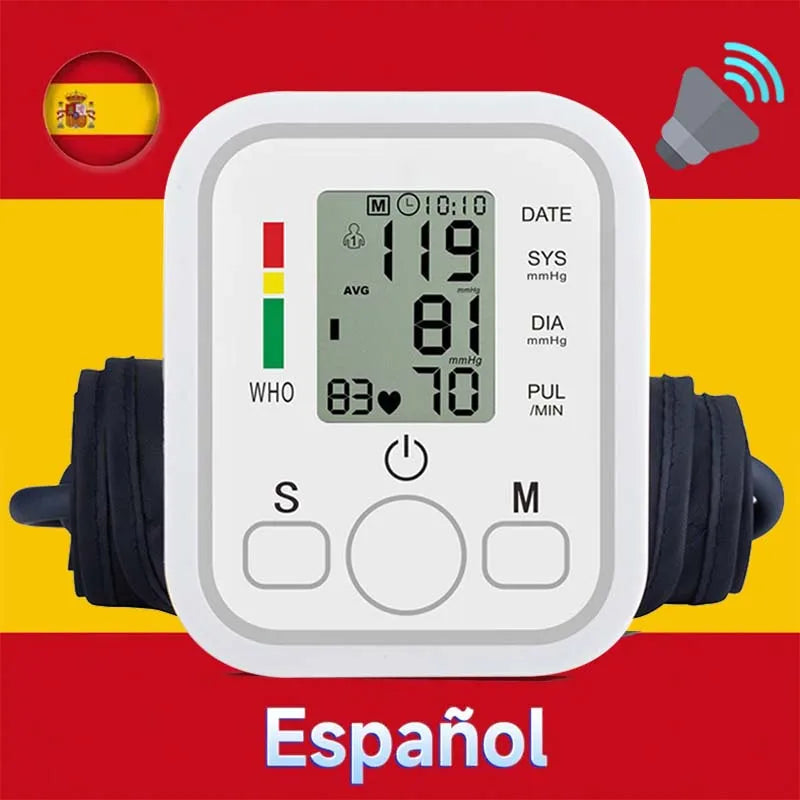 Spanish Voice Digital Arm Blood Pressure Meter Medical Pressure Tonometer Tensiometer Baumanometer Pulse Sphygmomanometer