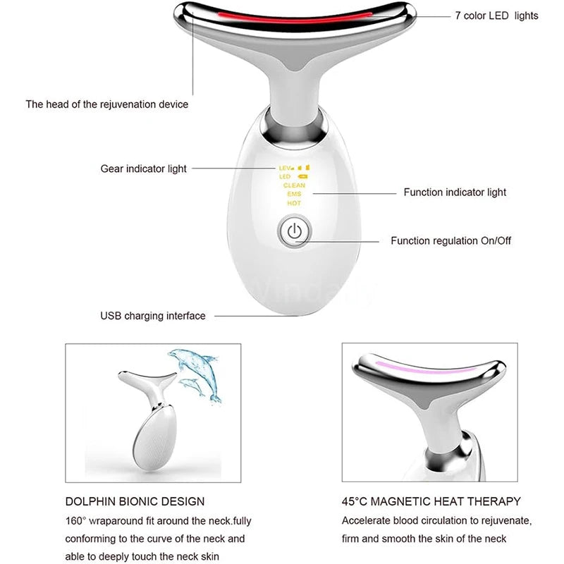 Facial & Neck Massager – 7 Colors LED Anti-Wrinkle - Skin Tightening, Lifting & Double Chin Reduction Tool