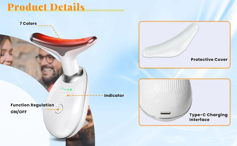 Facial & Neck Massager – 7 Colors LED Anti-Wrinkle - Skin Tightening, Lifting & Double Chin Reduction Tool