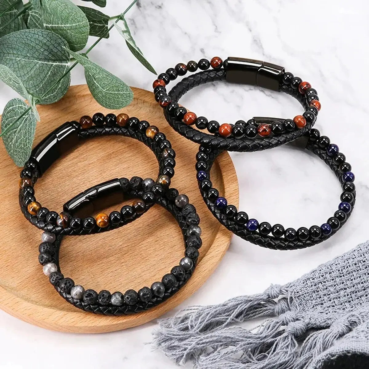 Stainless Steel Tiger Eye & Lava Stone Bead Bracelet – Unisex Natural Energy Jewelry