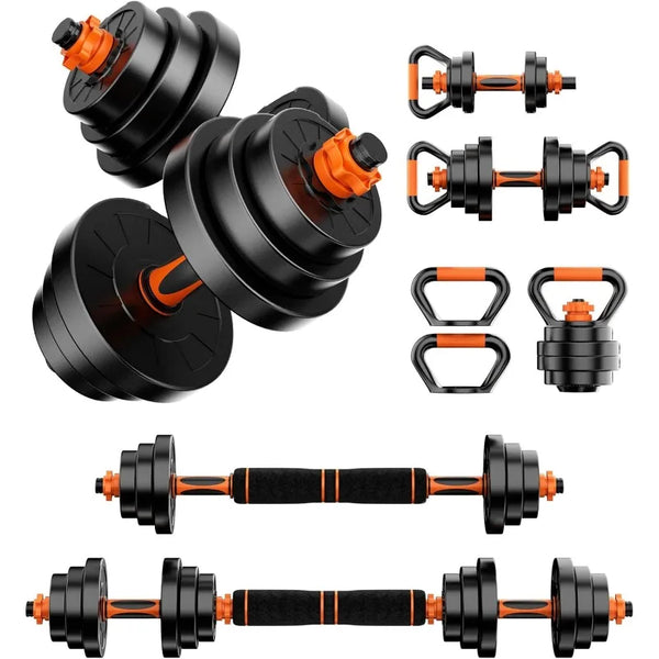 4-in-1 Adjustable Dumbbell Set – Dumbbell, Barbell, Kettlebell & Push-Up Stand (20lbs/50lbs/70lbs/90lbs)
