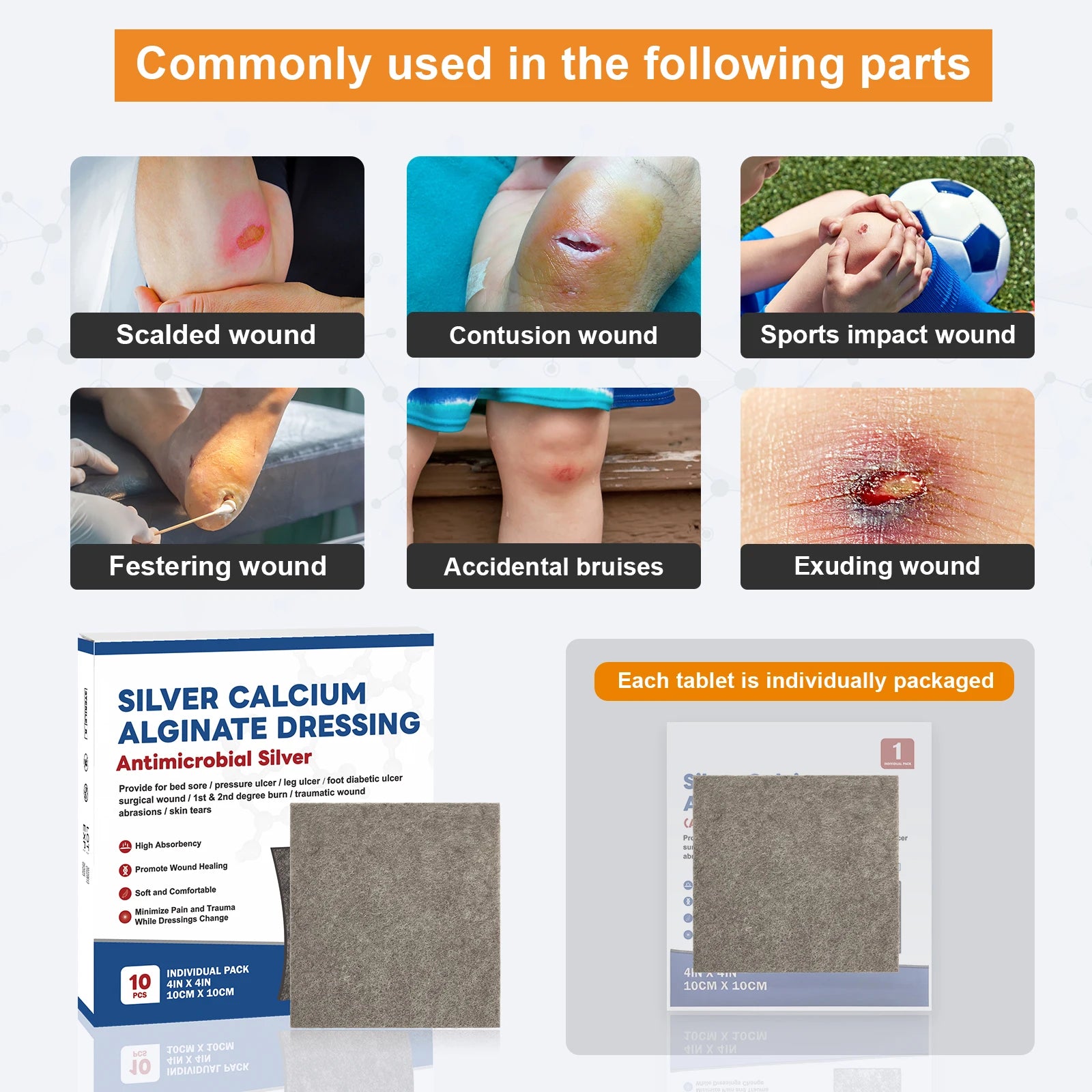 Silver Calcium Alginate Wound Dressing Pads – Soft, Highly Absorbent Wound Care for Effective Healing (2/3/4in, 5/10pcs)