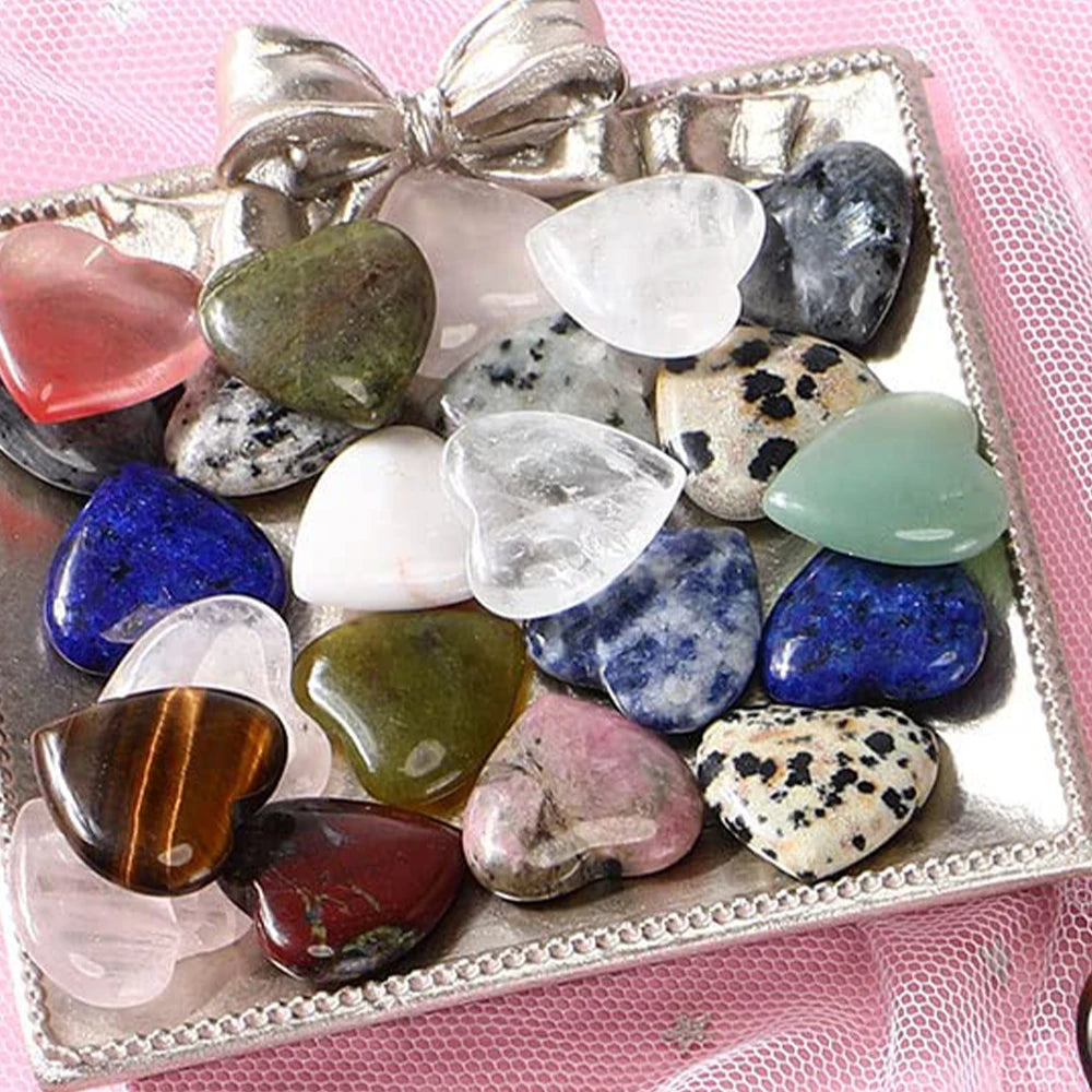 7 Pcs Mini Crystal Heart Stone Sculpture – Polished Chakra Healing Reiki Meditation Decor