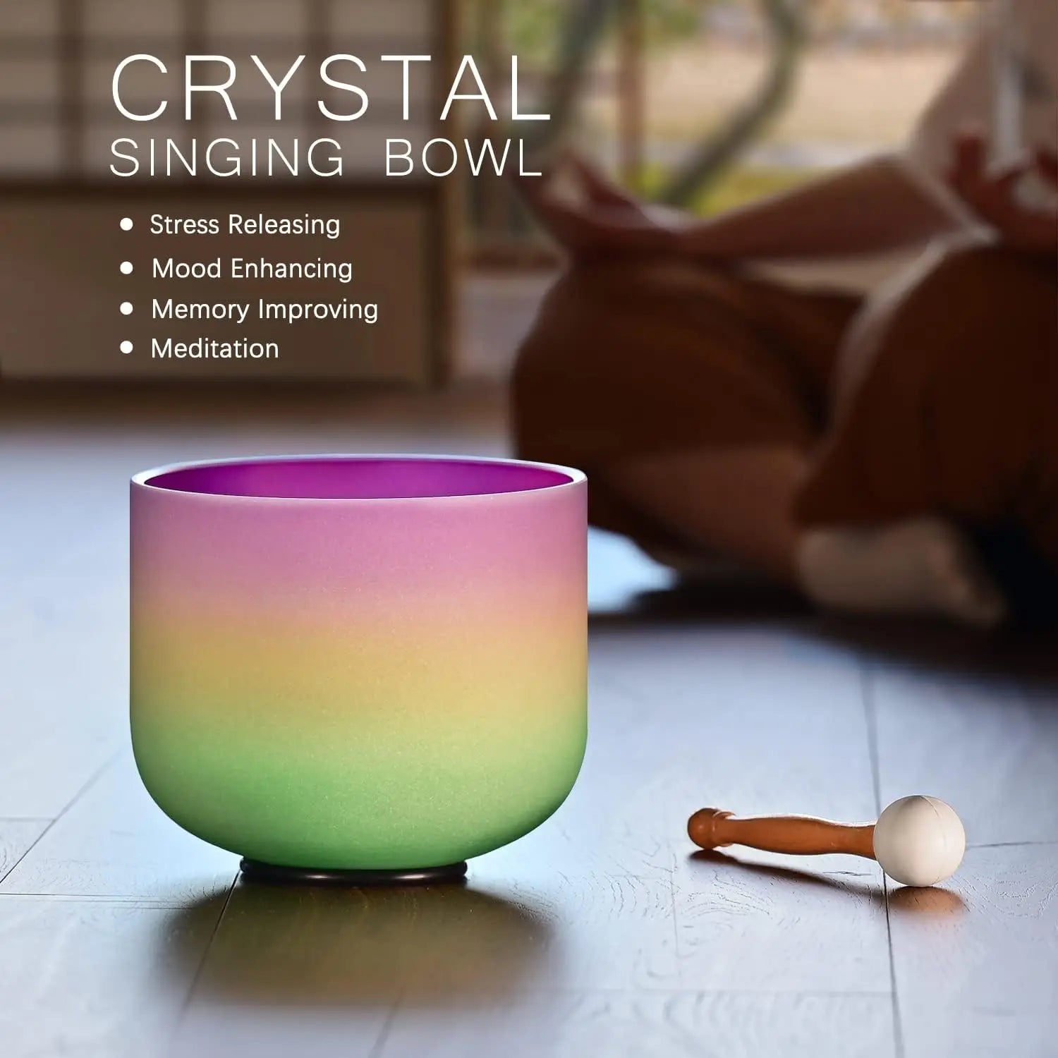 CVNC 440HZ 8 Inch Rainbow Colored B Note Crown Chakra Frosted Quartz Crystal Singing Bowl for Sound Healing and Meditation
