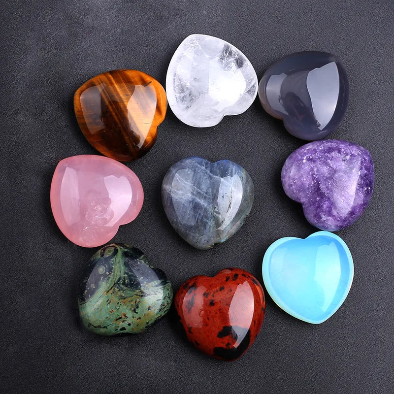 7 Pcs Mini Crystal Heart Stone Sculpture – Polished Chakra Healing Reiki Meditation Decor