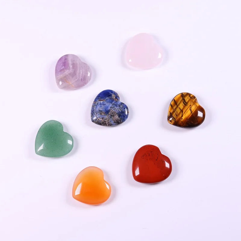 7 Pcs Mini Crystal Heart Stone Sculpture – Polished Chakra Healing Reiki Meditation Decor
