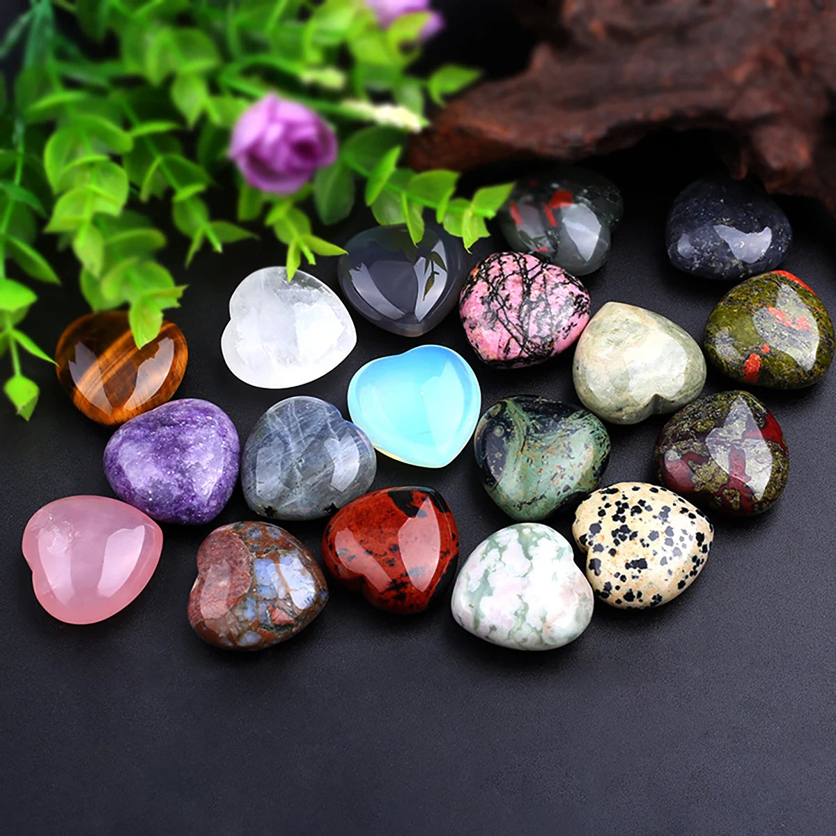 7 Pcs Mini Crystal Heart Stone Sculpture – Polished Chakra Healing Reiki Meditation Decor