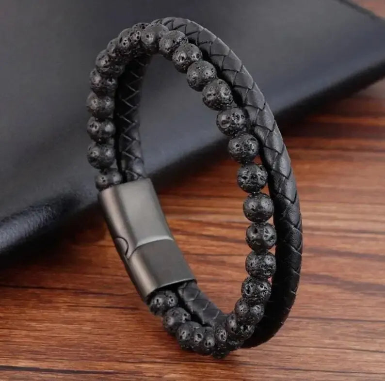 Stainless Steel Tiger Eye & Lava Stone Bead Bracelet – Unisex Natural Energy Jewelry