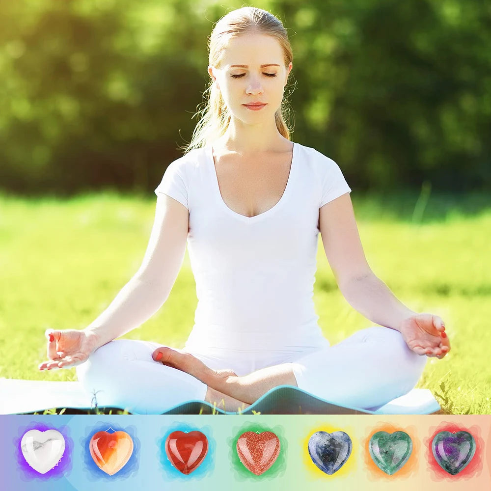 7 Pcs Mini Crystal Heart Stone Sculpture – Polished Chakra Healing Reiki Meditation Decor