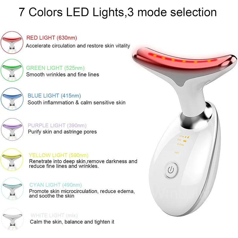 Facial & Neck Massager – 7 Colors LED Anti-Wrinkle - Skin Tightening, Lifting & Double Chin Reduction Tool