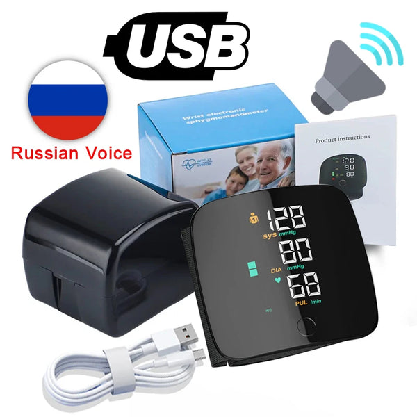 LED Rechargeable Wrist Blood Pressure Monitor – Multilingual Voice Broadcast
