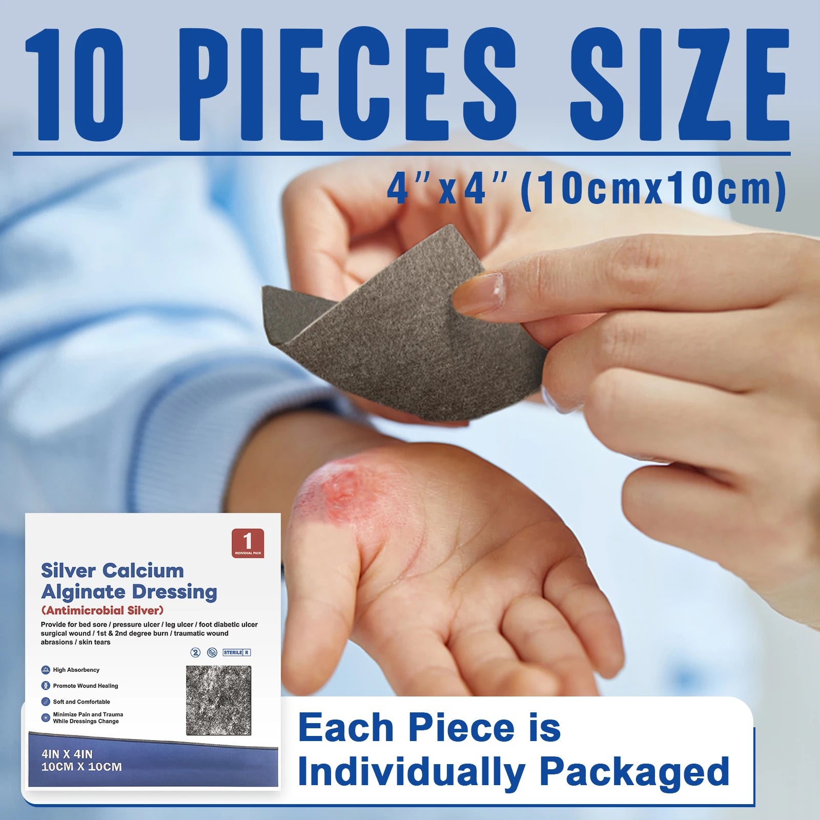 Silver Calcium Alginate Wound Dressing Pads – Soft, Highly Absorbent Wound Care for Effective Healing (2/3/4in, 5/10pcs)