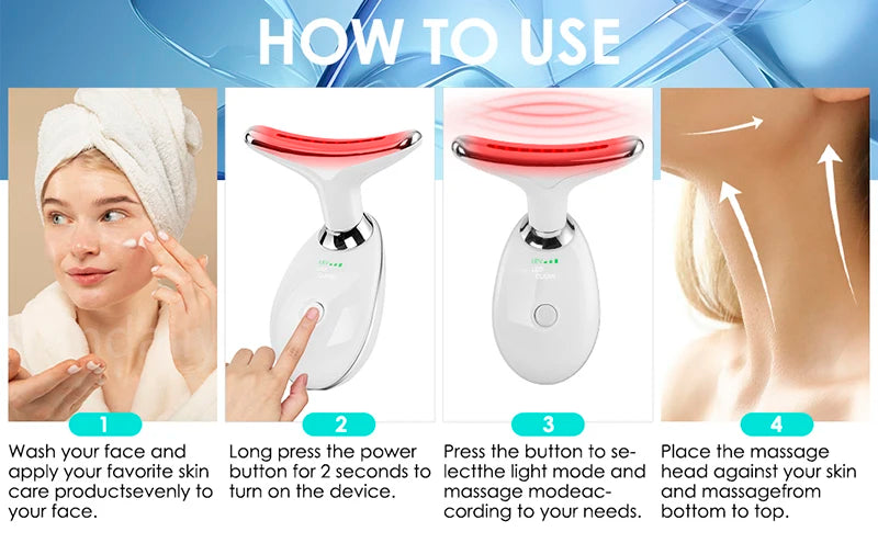 Facial & Neck Massager – 7 Colors LED Anti-Wrinkle - Skin Tightening, Lifting & Double Chin Reduction Tool