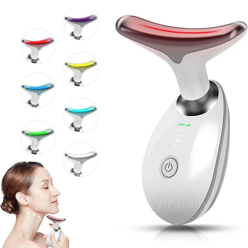 Facial & Neck Massager – 7 Colors LED Anti-Wrinkle - Skin Tightening, Lifting & Double Chin Reduction Tool