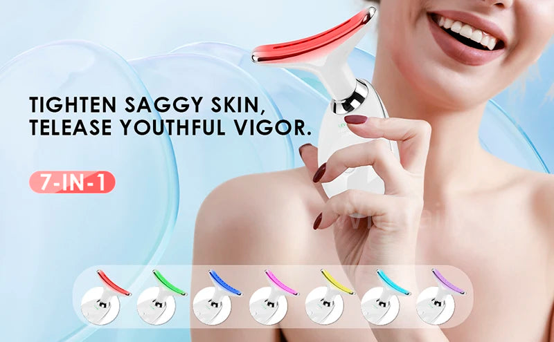 Facial & Neck Massager – 7 Colors LED Anti-Wrinkle - Skin Tightening, Lifting & Double Chin Reduction Tool