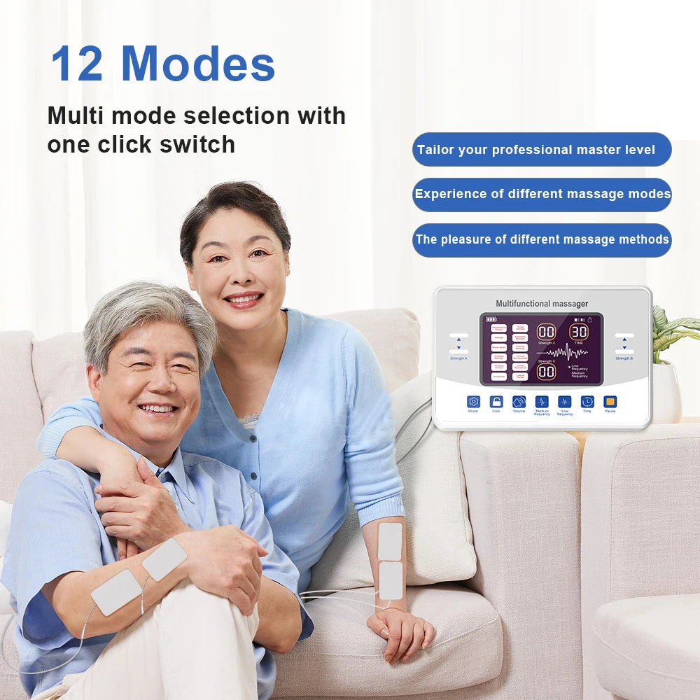 Muscle Stimulator TENS & EMS – Low Frequency Electronic Pulse Massager with Dual Channels & Touch Control - 12-Mode