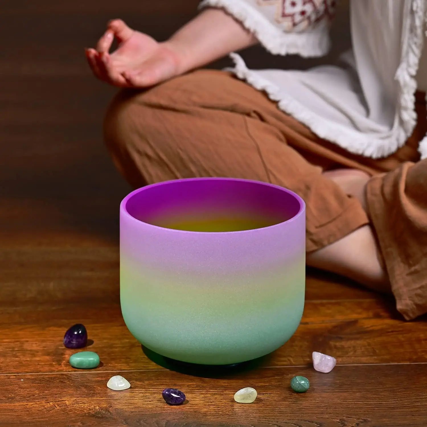 CVNC 440HZ 8 Inch Rainbow Colored B Note Crown Chakra Frosted Quartz Crystal Singing Bowl for Sound Healing and Meditation