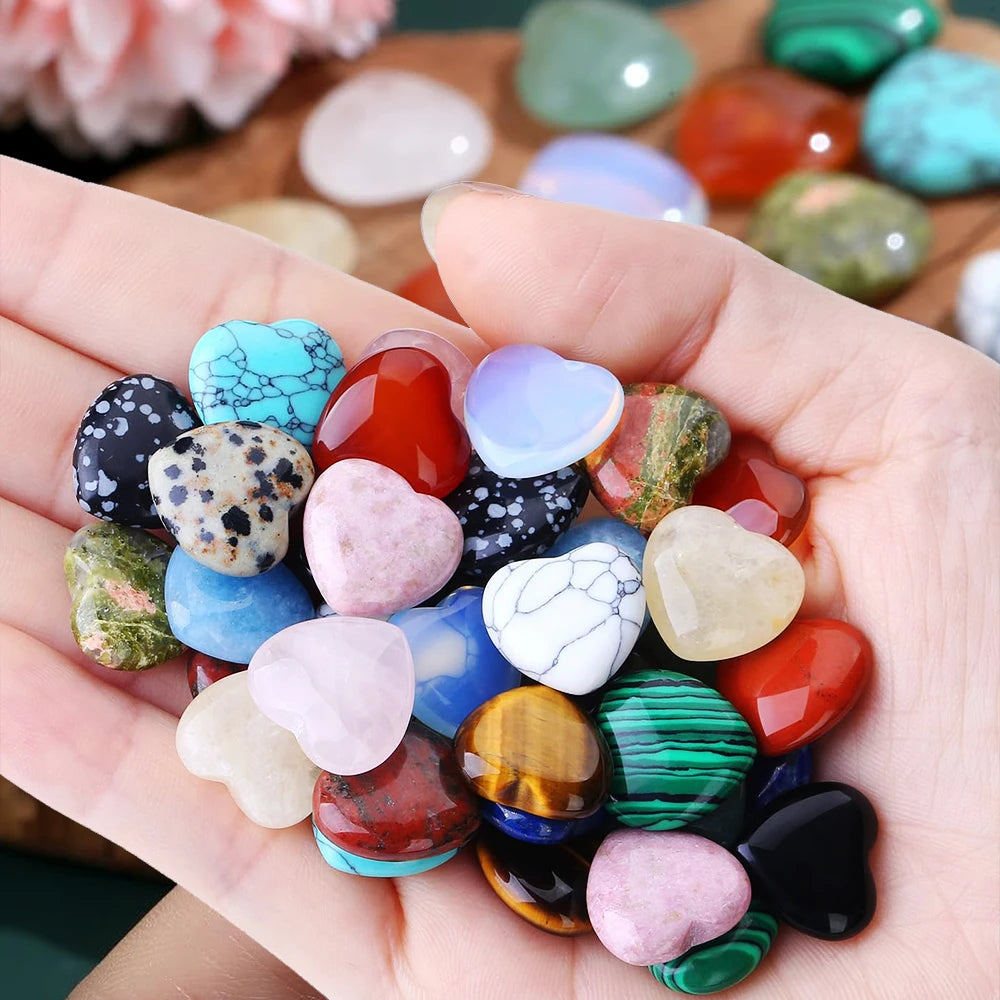 7 Pcs Mini Crystal Heart Stone Sculpture – Polished Chakra Healing Reiki Meditation Decor