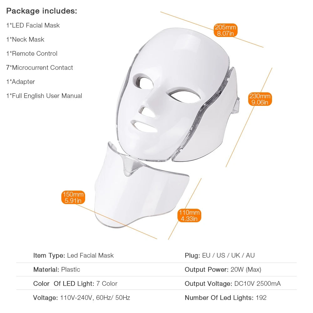 Air Bag 7-Color LED Facial Beauty Mask with Neck Treatment – Skin Rejuvenation, Whitening & Anti-Acne Therapy