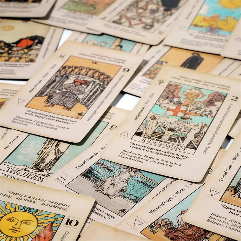 Antiqued 78-Card Set with Upright & Reversed Meanings - Beginner Tarot Deck with Keywords