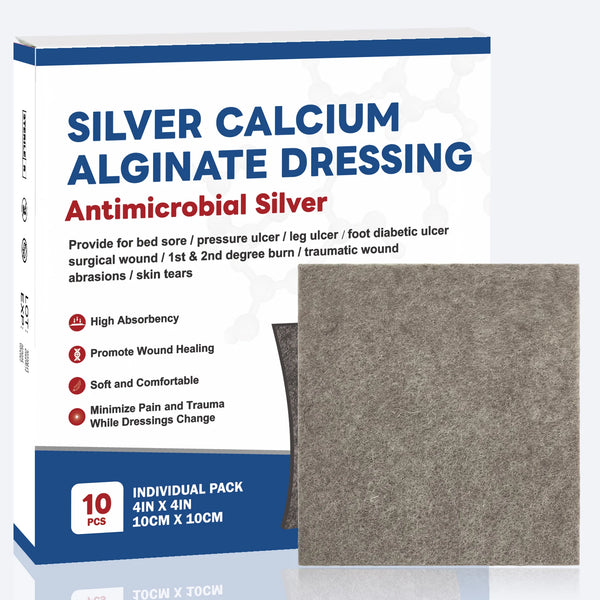 Silver Calcium Alginate Wound Dressing Pads – Soft, Highly Absorbent Wound Care for Effective Healing (2/3/4in, 5/10pcs)