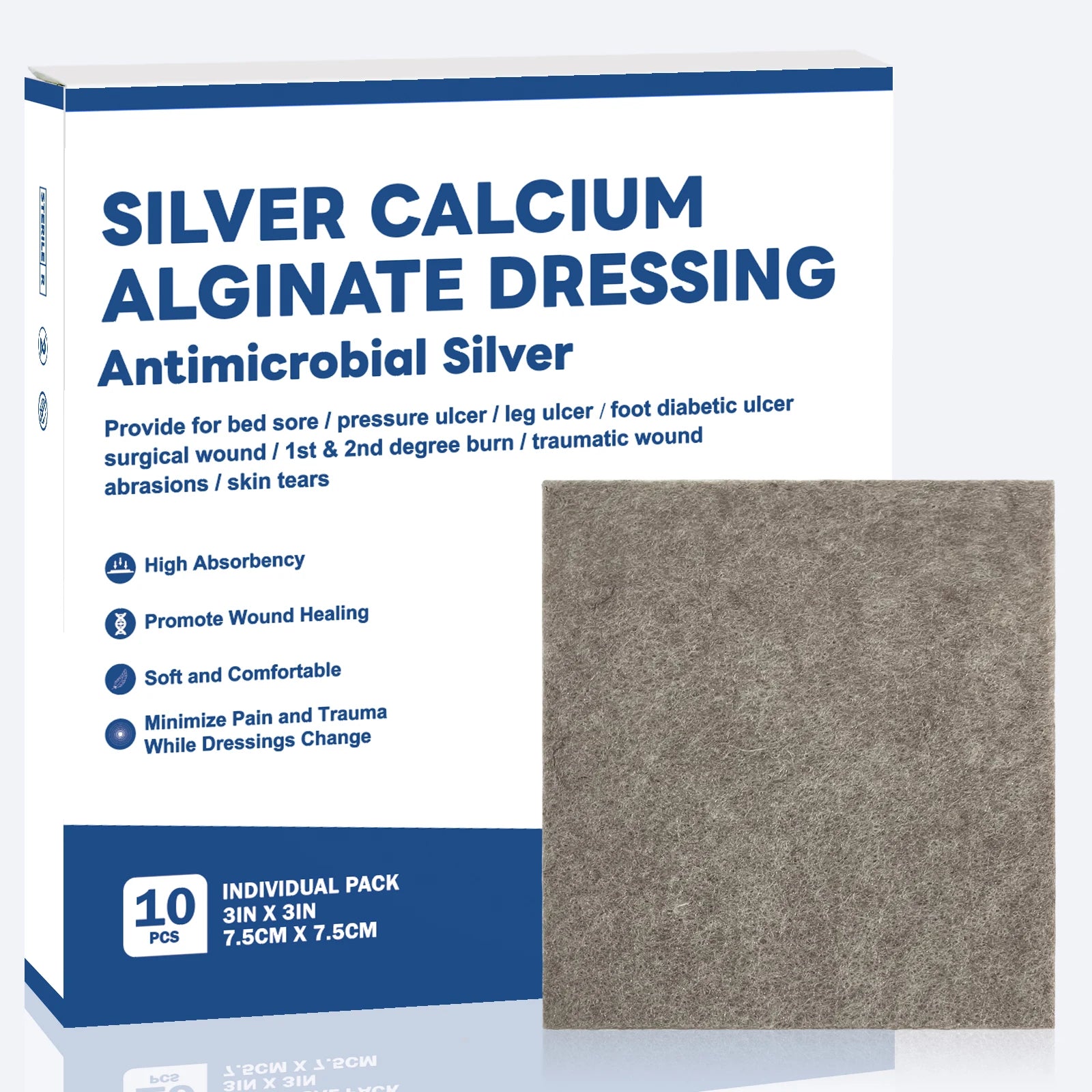 Silver Calcium Alginate Wound Dressing Pads – Soft, Highly Absorbent Wound Care for Effective Healing (2/3/4in, 5/10pcs)