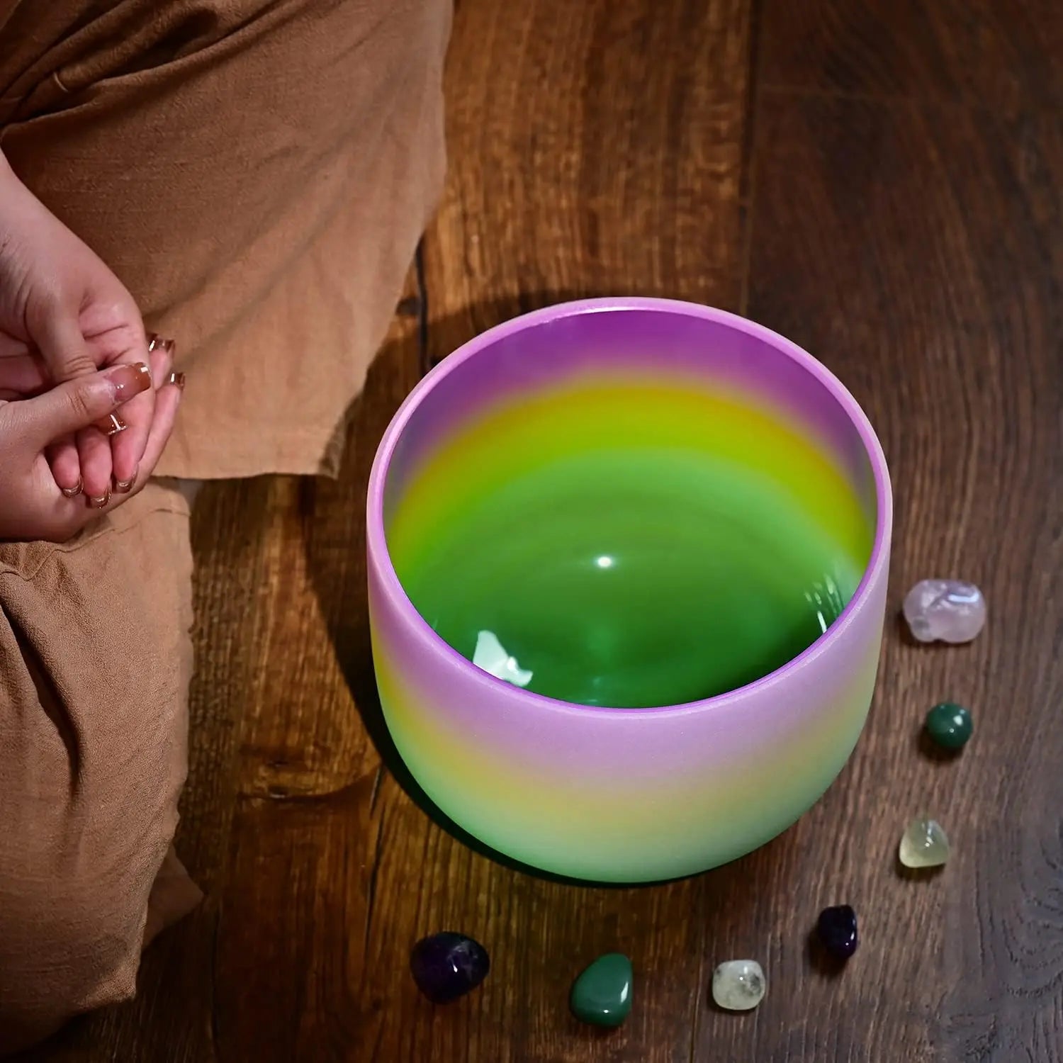 CVNC 440HZ 8 Inch Rainbow Colored B Note Crown Chakra Frosted Quartz Crystal Singing Bowl for Sound Healing and Meditation